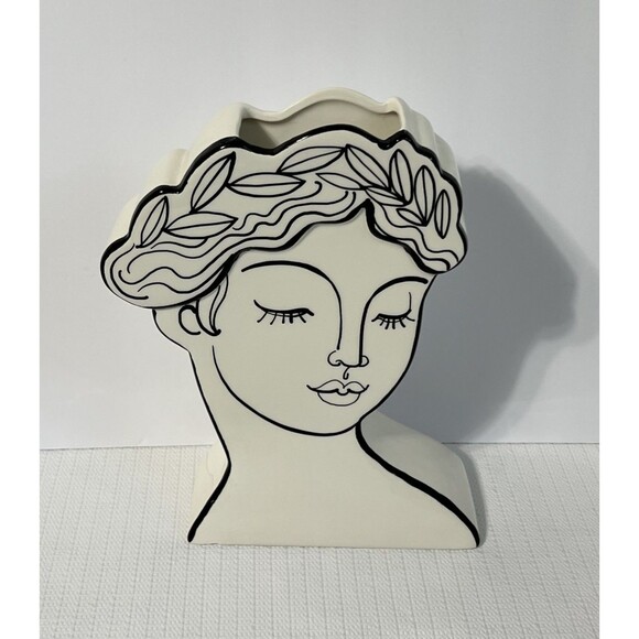 Elegant Head Ceramic Vase Planter Bridgerton Victorian Bust Black and White - Picture 5 of 17